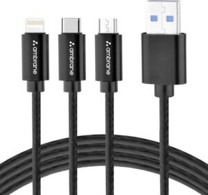 Ambrane USB Type C Cable 3 A 1.25 m Trio-11 (Compatible with Ios Devices, Android Devices, Type C Devices, Black, One Cable)