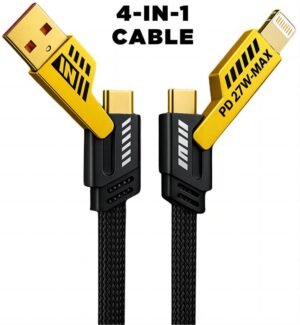 RoarX USB Type C Cable 13 A 1 m Braided 4 in 1 65W Fast Charging Cable Compatible for- & Android with MFI Certified (1 Meter) (Compatible with Apple & Android phones, Type C to C , Usb to Lightning, C to Lightning data cable, Yellow, Black, One Cable)