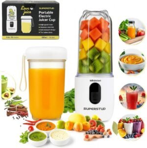 SUPERSTUD Type-C Charging & Battery Indicator 230 W Juicer Mixer Grinder (6 Blade | 1800mAh Battery Type-C Charging Portable Juicer | 2 Jars | White)
