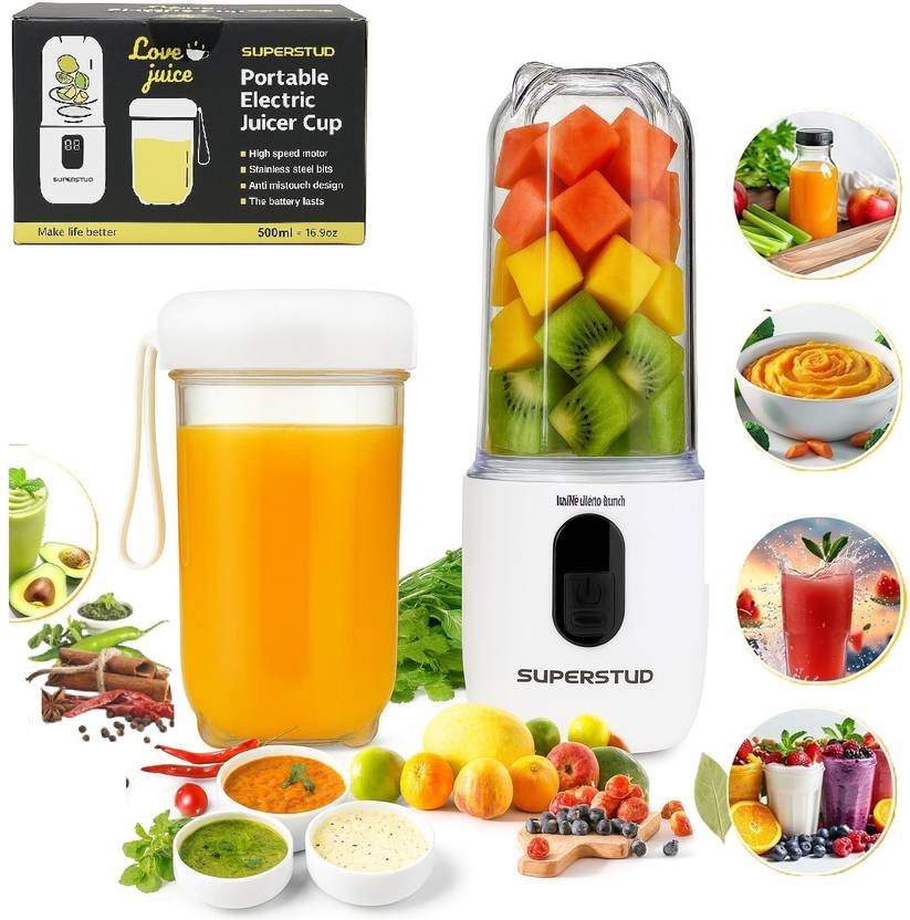SUPERSTUD Type-C Charging & Battery Indicator 230 W Juicer Mixer Grinder (6 Blade | 1800mAh Battery Type-C Charging Portable Juicer | 2 Jars | White)