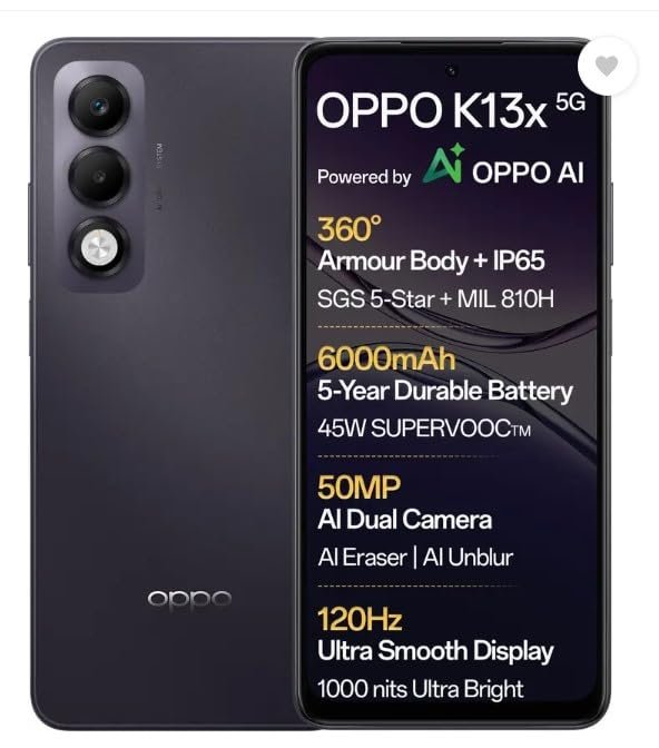 OPPO K13x 5G 6000mAh and 45W SUPERVOOC Charger & AI (Midnight Violet, 128 GB) (8 GB RAM)