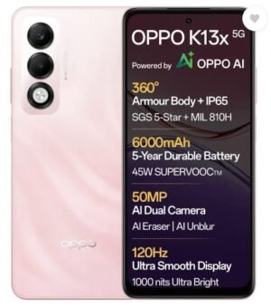 OPPO K13x 5G 6000mAh and 45W SUPERVOOC Charger & AI (Sunset Peach, 128 GB) (4 GB RAM)
