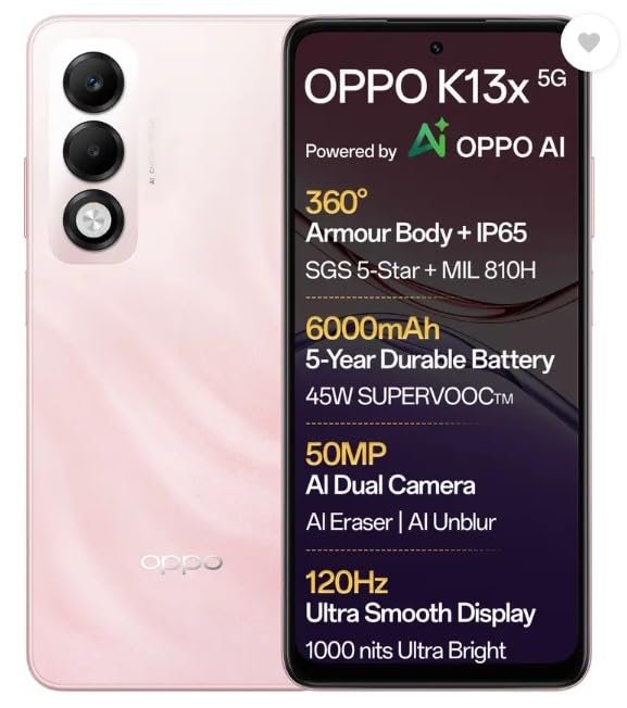 OPPO K13x 5G 6000mAh and 45W SUPERVOOC Charger & AI (Sunset Peach, 128 GB) (4 GB RAM)