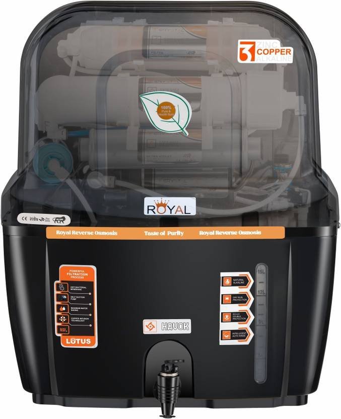 Havok Copper Royal Water purifier 15 L RO + UV + MF + Minerals + Copper Water Purifier (Black, Orange)