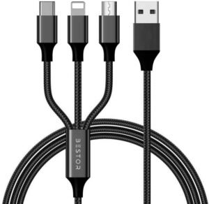 Bestor USB Type C Cable 2 A 1.2 m Multi Charging Cable 4ft 3 in 1 Nylon Braided Multiple USB Fast Charging Cable for Android, iOS and Type C Devices USB Port Connectors Compatible Smart Phones & Tablets And More (Black) (Compatible with SMART PHONE, IOS, ANDROID, Black, One Cable)