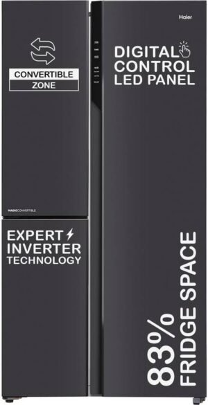 Haier 598 L Frost Free Side by Side Convertible Refrigerator with 83% Convertible Fridge SpaceDigital Control Panel360 Degree CoolingMagic Convertible ZoneExpert Inverter 3-Door (Black Steel, HRT-683KS)