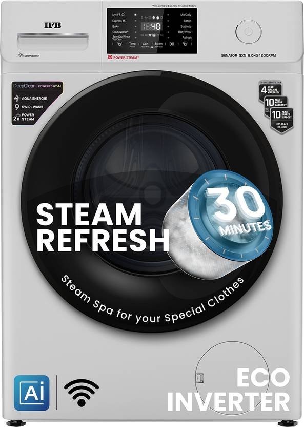IFB 8 kg 5 Star with Steam Refresh program, 9 Swirl Wash, Eco Inverter, Touch Panel with AI Fully Automatic Front Load Washing Machine with In-built Heater White (SENATOR GXN 8012 CMS/SENATOR GXN 8012)