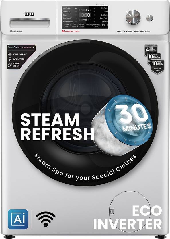 IFB 9 kg 5 Star with Steam Refresh program, 9 Swirl Wash, Eco Inverter, with AI Fully Automatic Front Load Washing Machine with In-built Heater Black, Silver (EXECUTIVE SXN 9014K CMS/EXECUTIVE SXN 9014K)