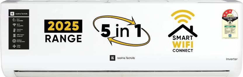 realme TechLife 2025 Model 1.5 Ton 3 Star Split Inverter with Wi-fi 5-in-1 Convertible with Rapid Cool Smart Technology AC (153IPG25WRS, White)