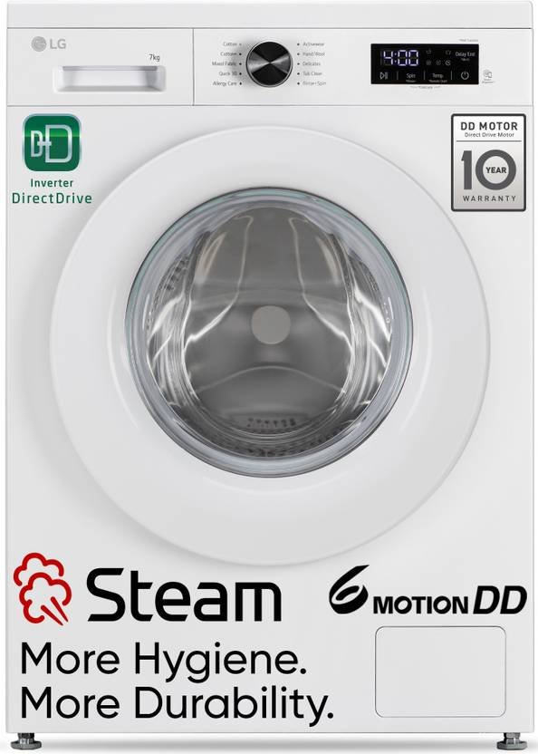 LG 7 kg 5 Star, Allergen free with Steam, Inverter Direct Drive – Less vibration, less noise, 6 Motion Direct Drive, Touch Panel, 1200 RPM, Essence Fully Automatic Front Load Washing Machine with In-built Heater White (FHB1207Z2W)