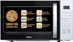 Haier 22 L 205 Auto cook Menus, KIDS special Recipes, 10 Power Levels, 4 Combination Cooking, Multistage Cooking, Auto Defrost, Child Lock Convection Convection Microwave Oven (HIL2201CSSH, Black, Silver)