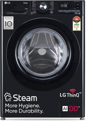 LG 12 kg 5 Star, AI Direct Drive Technology, Wi-Fi Enabled, Steam Wash, Intelligent & Convenient Fabric Care, Allergy Care, Remote Control, In-Built Heater Fully Automatic Front Load Washing Machine with In-built Heater Black (FHP1412Z3O)