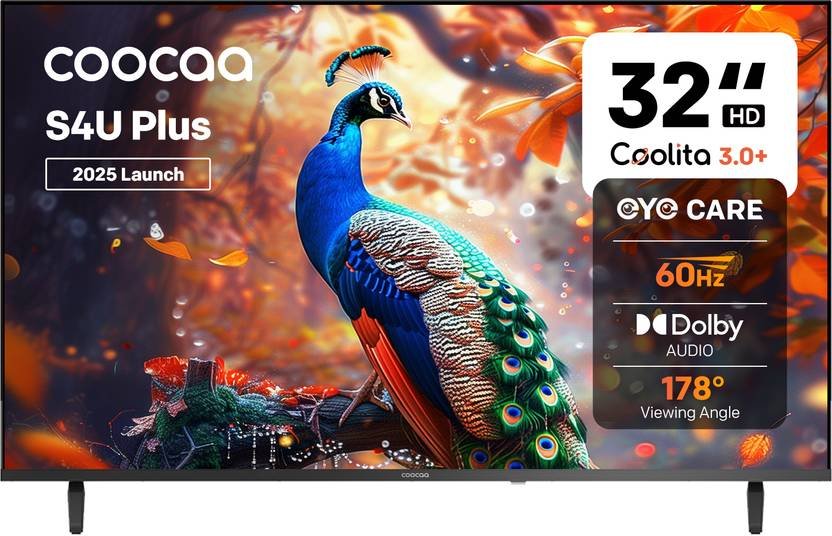 Coocaa S4U Plus 80 cm (32 inch) HD Ready LED Smart Coolita TV 2025 Edition with Dolby Audio | Narrow Frame Design | Eye Care Technology | 300+ Live Channels | Voice Control by Coolink App (32S4U Plus)