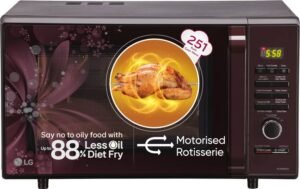 LG 28 L with Diet Fry, Auto Cook Menu, Stainless steel cavity, Pasteurized Milk, 360 degree Motorised Rotisserie for Bar-be-queing, Indian Cuisine, Tandoor Se & Diet Fry Convection Microwave Oven (MC2886BRUM, Black)