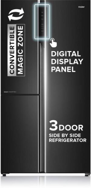 Haier 598 L Frost Free Side by Side Convertible Refrigerator with 83% Convertible Fridge SpaceDigital Control Panel360 Degree CoolingMagic Convertible ZoneExpert Inverter 3-Door (Graphite Black, HRT-683GK) (Black Steel, HRT-683GK)