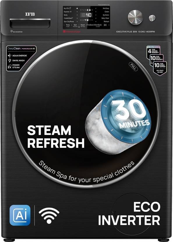 IFB 10 kg 5 Star with Steam Refresh Program, 9 Swirl wash, Eco Inverter, Powered by AI with WiFi Fully Automatic Front Load Washing Machine with In-built Heater Black (EXECUTIVE PLUS BXN 1014KH)