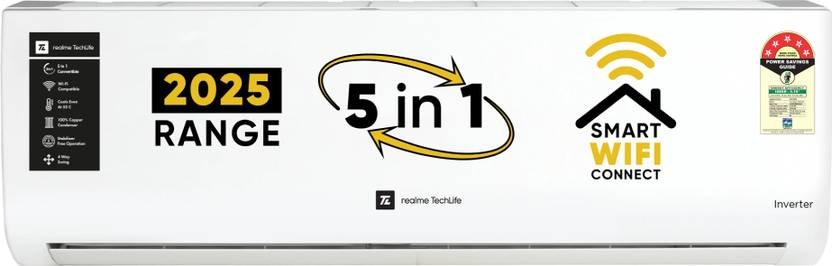 realme TechLife 2025 Model 1.5 Ton 5 Star Split Inverter with Wi-fi 5-in-1 Convertible with Rapid Cool Smart Technology AC (155IPG25WRS, White)