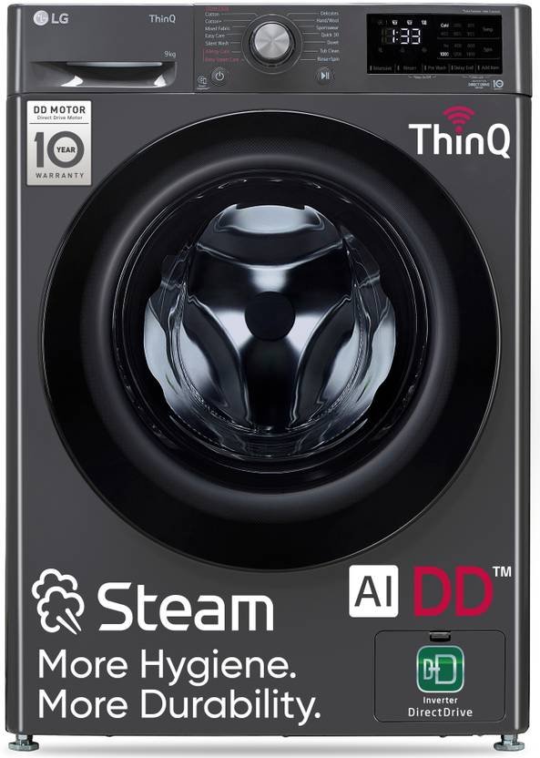 LG 9 kg 5 Star with AI Direct Drive, 6 Motion, Inverter Direct Drive, Steam and Wi-Fi Enabled Fully Automatic Front Load Washing Machine with In-built Heater Black (FHP1209Z5M)