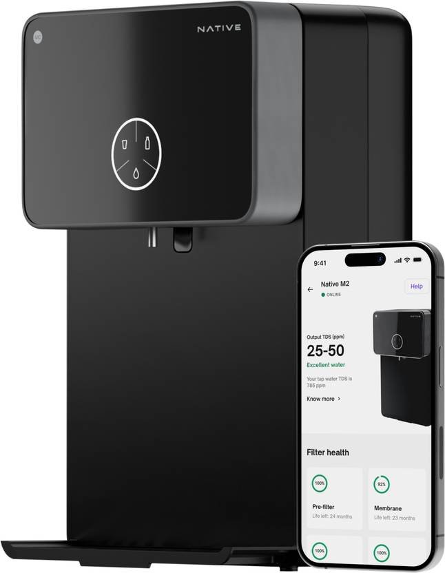 NATIVE By Urban Company M2 | Needs no service for 2 years | 10-stage Purifier 8 L RO + UV + Minerals + Alkaline Water Purifier Smart IoT Features (Black)