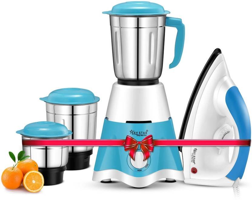 Skystar Supreme Elegant Mixer Grinder & Spectra 1000 W Dry Iron Super Combo 750 W Mixer Grinder (Supreme Elegant & Spectra 1000 W Dry Iron Super Combo | 3 Jars | White Blue)