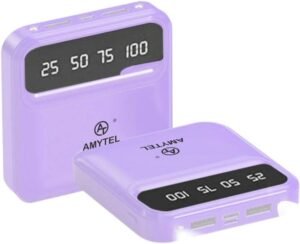 AMYTEL 10000 mAh 18 W Mini Pocket Size Power Bank (Purple, Lithium-ion, Fast Charging, Quick Charge 2.0 for Earbuds, Mobile, Smartwatch, Smartband, Speaker, Tablet, Trimmer)