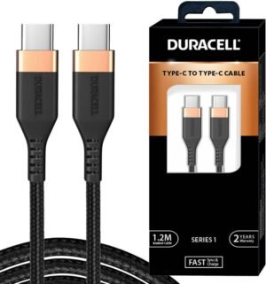 DURACELL Type C 1.2 m USB C To Type C, 4A Braided Sync & Quick Charging Cable, 3.9 Feet (1.2M) (Compatible with Mobile, Tablet, Powerbank, Laptop, Compatibile all devices, Black)